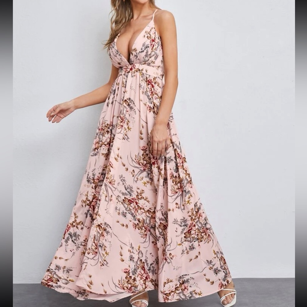 Boho Floral Print Deep Neck Backless Open Back Cami Maxi Dress - Picture 1 of 5